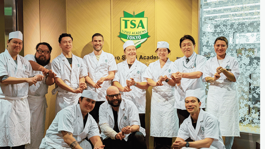 Students training at the Tokyo Sushi Academy Tsukiji campus